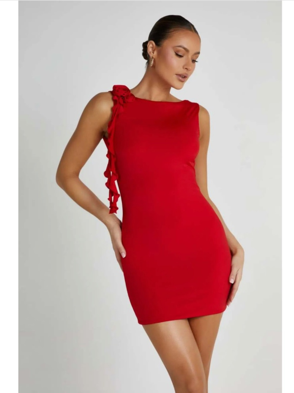 MESHKI Bronte Backless Rose Mini Dress Red - Size Medium